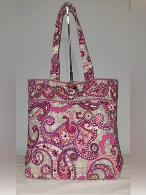 Vera Bradley Paisley Meets Plaid Tote Bag Pink Gray Quilted Shoulder Purse